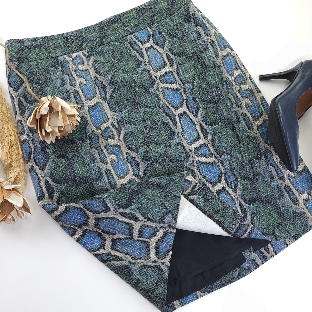 Loft Blue Green Snakeskin Print Cotton Skirt Sz 2 - Picture 4 of 8